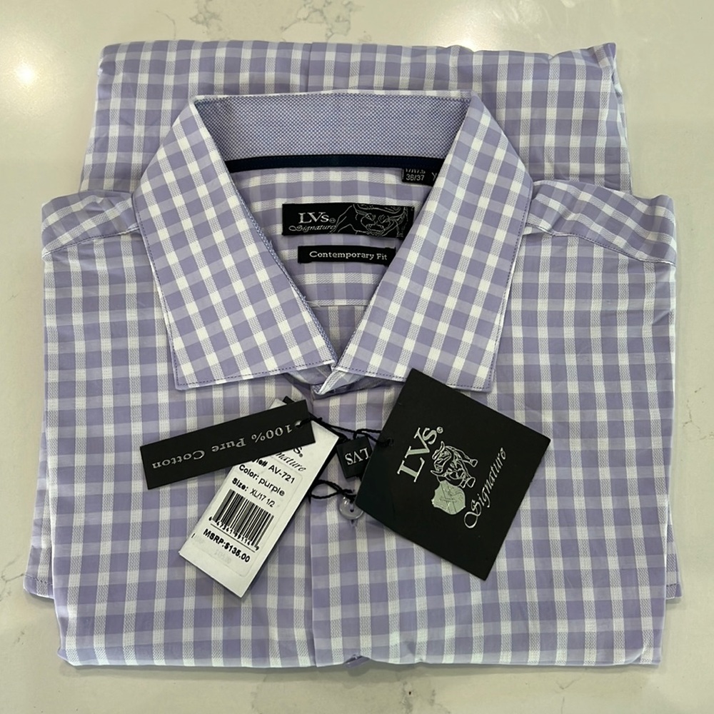 Men’s new light purple gingham dress shirt, long sleeve 17-17.5 neck